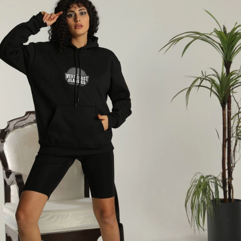 Sırt Baskılı Kapüşonlu Üç İplik Oversize Sweatshirt - Siyah -