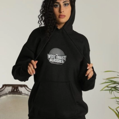 Sırt Baskılı Kapüşonlu Üç İplik Oversize Sweatshirt - Siyah -