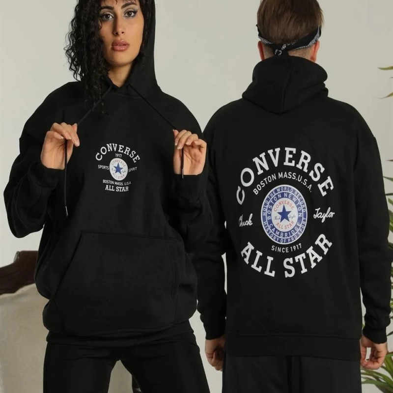 Sırt Baskılı Oversize Üç İplik Kapüşonlu Hoodie Sweatshirt - Siyah