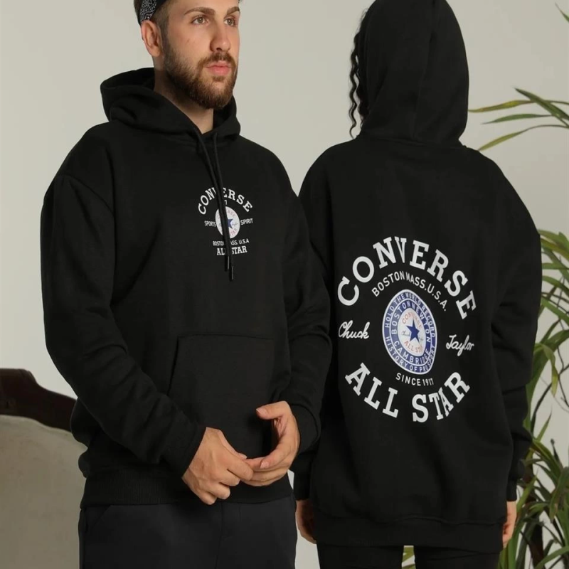 Sırt Baskılı Oversize Üç İplik Kapüşonlu Hoodie Sweatshirt - Siyah