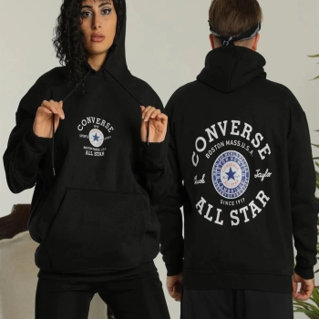 Sırt Baskılı Oversize Üç İplik Kapüşonlu Hoodie Sweatshirt - Siyah