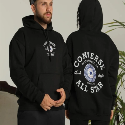 Sırt Baskılı Oversize Üç İplik Kapüşonlu Hoodie Sweatshirt - Siyah