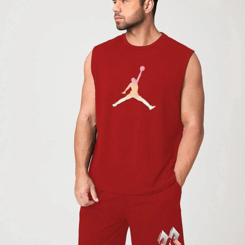 Sırt Baskılı Sıfır Kol İkili Şort Takım - Kırmızı