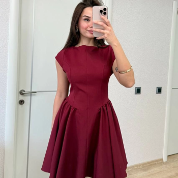 Sırt dekolteli Çan Detaylı Mini Elbise - Bordo -