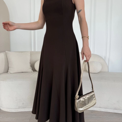 Sırt Dekolteli Kolsuz Uzun Elbise - Kahverengi -