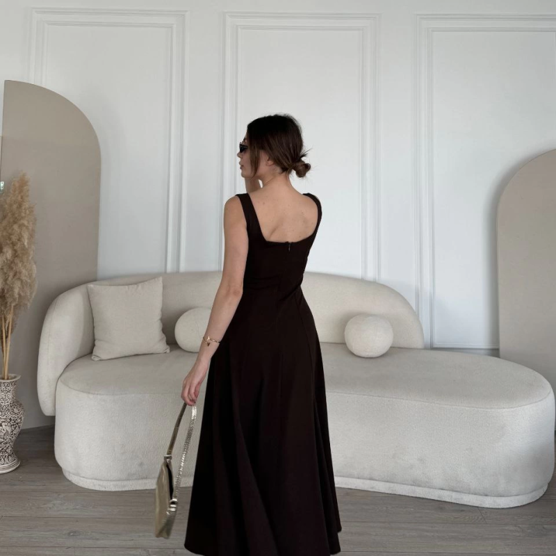 Sırt Dekolteli Kolsuz Uzun Elbise - Kahverengi -