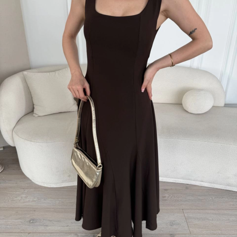 Sırt Dekolteli Kolsuz Uzun Elbise - Kahverengi -