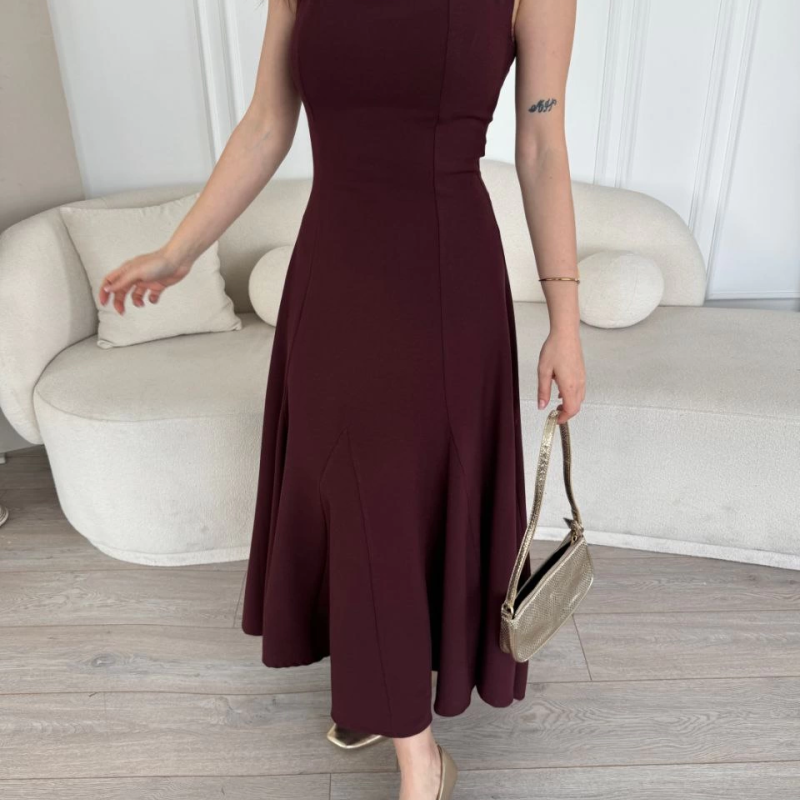 Sırt Dekolteli Kolsuz Uzun Elbise - Mürdüm -