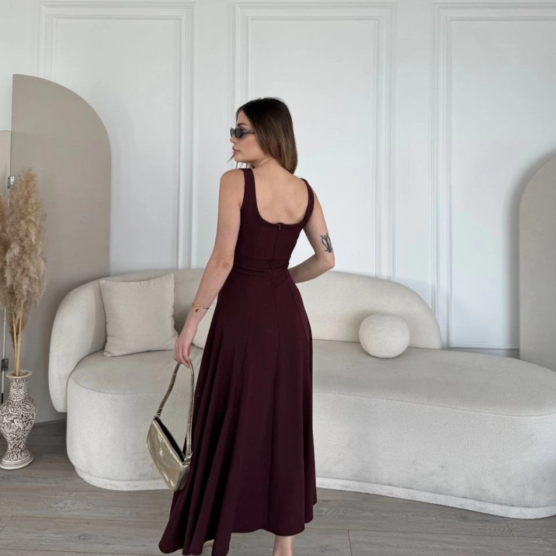 Sırt Dekolteli Kolsuz Uzun Elbise - Mürdüm -