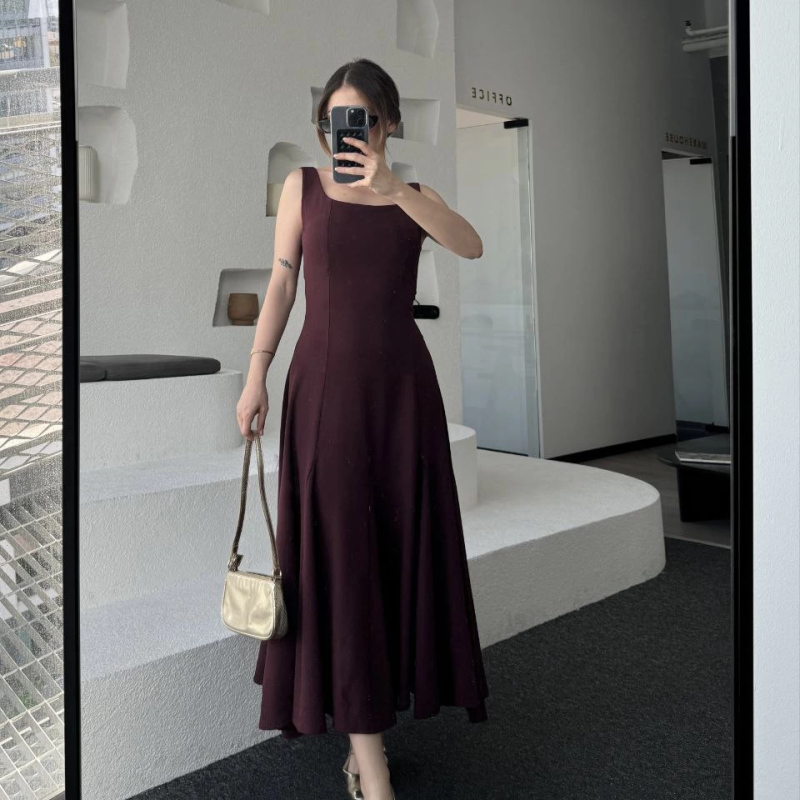 Sırt Dekolteli Kolsuz Uzun Elbise - Mürdüm -