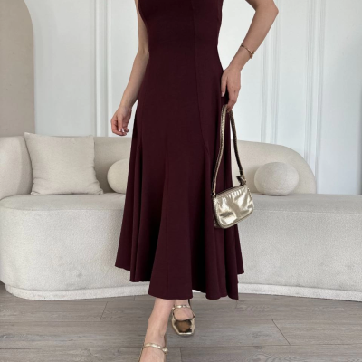 Sırt Dekolteli Kolsuz Uzun Elbise - Mürdüm -