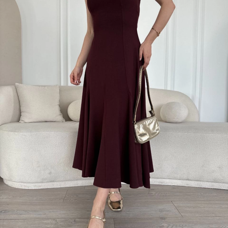 Sırt Dekolteli Kolsuz Uzun Elbise - Mürdüm -