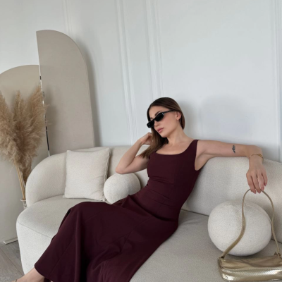 Sırt Dekolteli Kolsuz Uzun Elbise - Mürdüm -