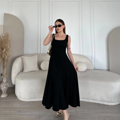 Sırt Dekolteli Kolsuz Uzun Elbise - Siyah -