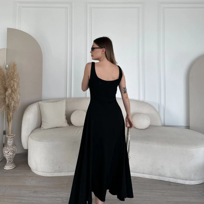 Sırt Dekolteli Kolsuz Uzun Elbise - Siyah -