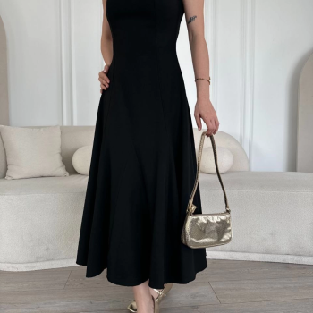 Sırt Dekolteli Kolsuz Uzun Elbise - Siyah -