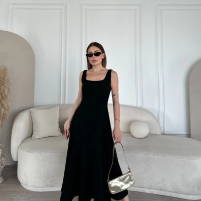 Sırt Dekolteli Kolsuz Uzun Elbise - Siyah -