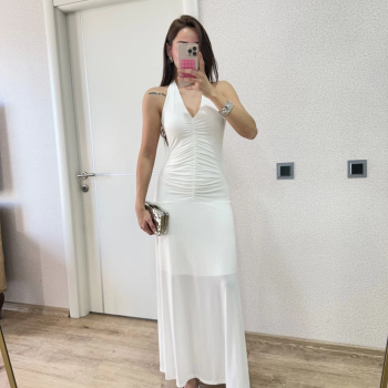 Sırt dekolteli Uzun Elbise - Beyaz -