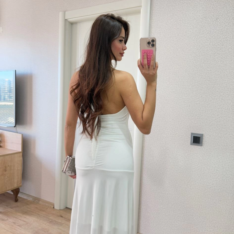 Sırt dekolteli Uzun Elbise - Beyaz -