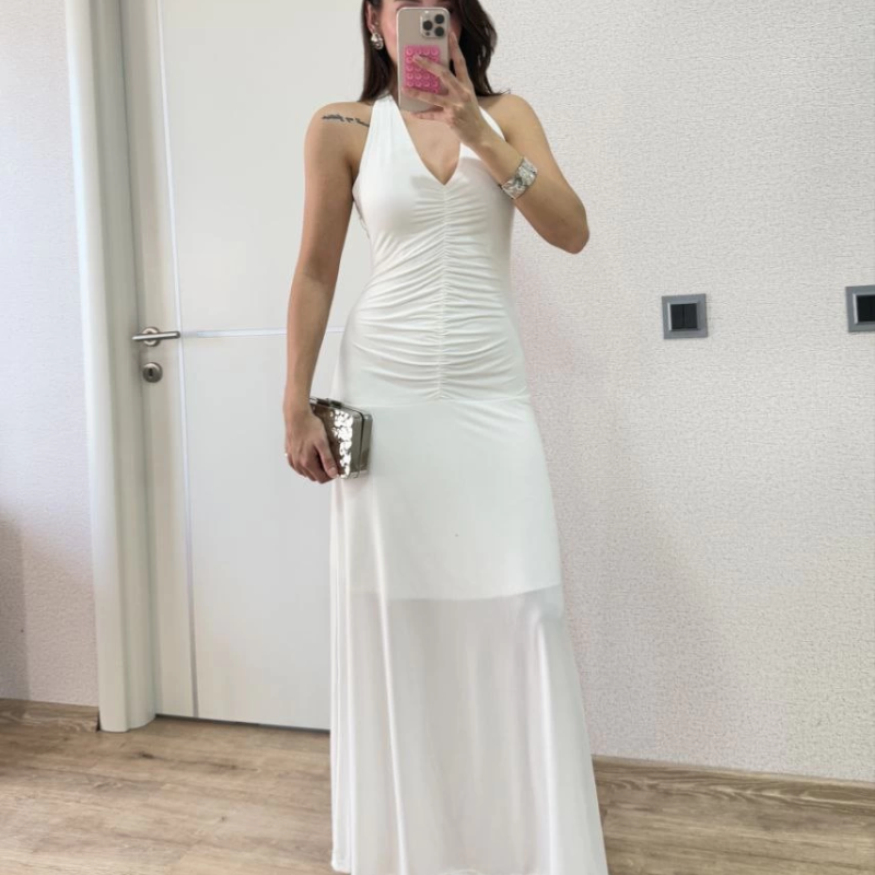 Sırt dekolteli Uzun Elbise - Beyaz -