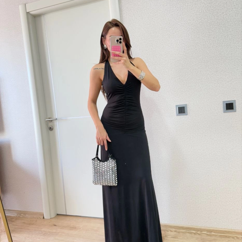 Sırt dekolteli Uzun Elbise - Siyah -