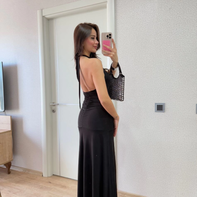 Sırt dekolteli Uzun Elbise - Siyah -