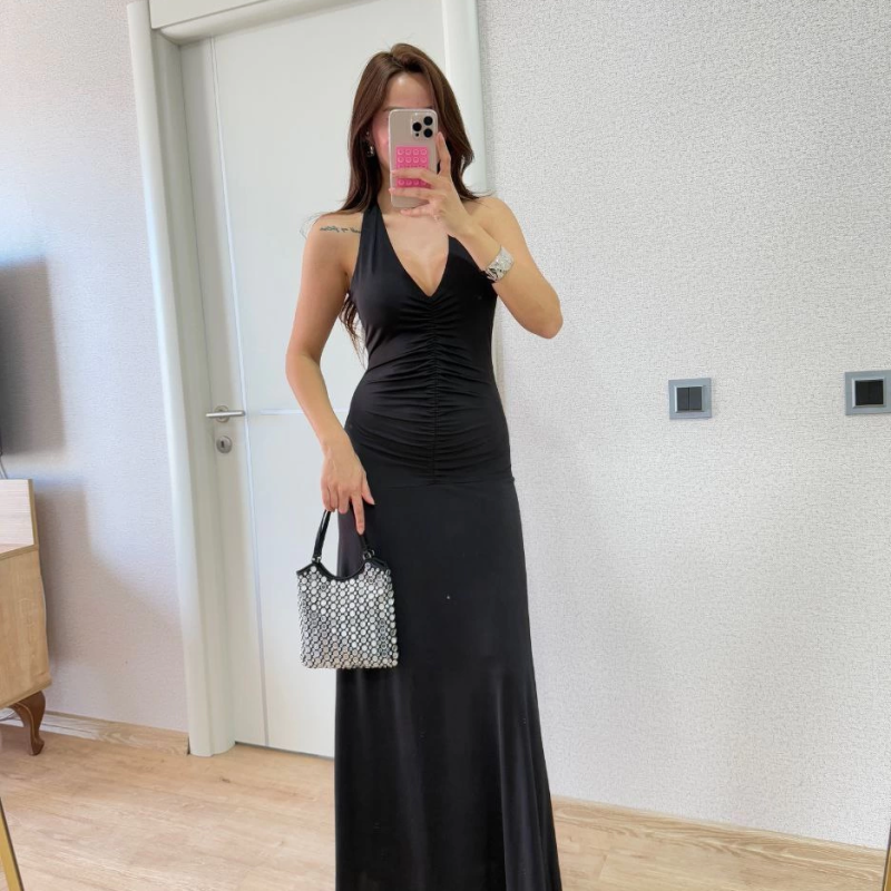 Sırt dekolteli Uzun Elbise - Siyah -