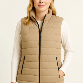 Şişme Fermuarlı Yelek Su itici Kapitone Astarlı Kumaş Cepli Hafif Kışlık Spor Rahat Kalıp - Bej