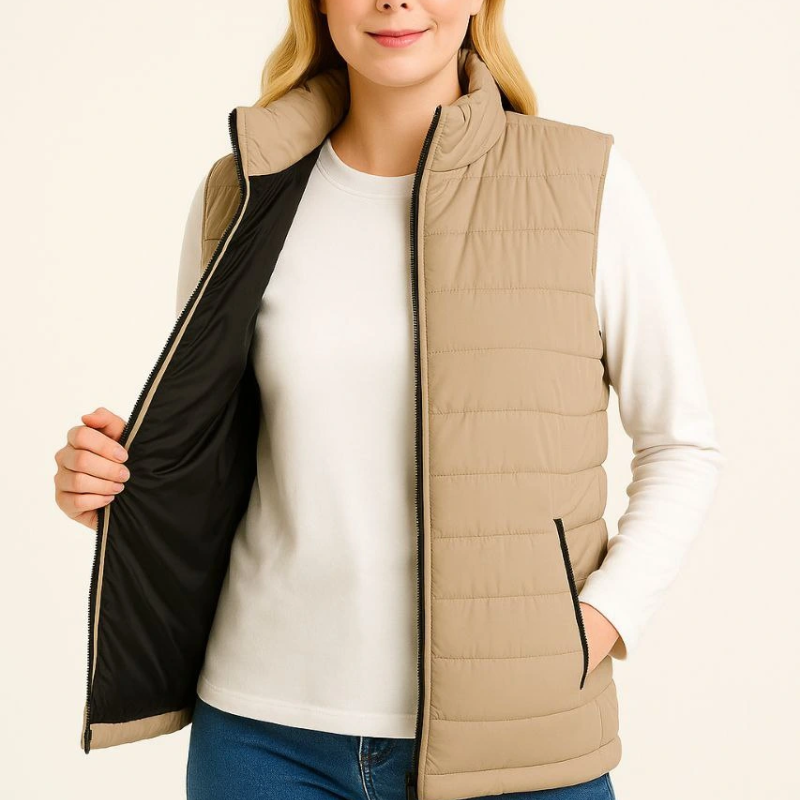 Şişme Fermuarlı Yelek Su itici Kapitone Astarlı Kumaş Cepli Hafif Kışlık Spor Rahat Kalıp - Bej