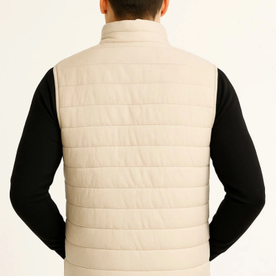 Şişme Fermuarlı Yelek Su itici Kapitone Astarlı Kumaş Cepli Hafif Kışlık Spor Rahat Kalıp -Bej