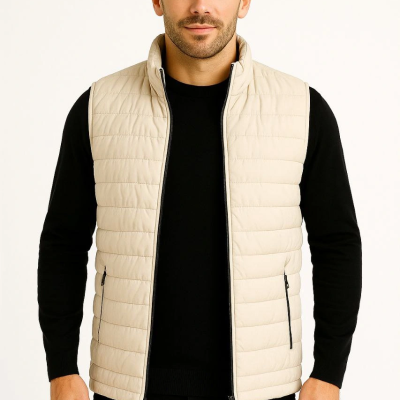 Şişme Fermuarlı Yelek Su itici Kapitone Astarlı Kumaş Cepli Hafif Kışlık Spor Rahat Kalıp -Bej