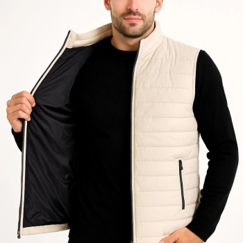 Şişme Fermuarlı Yelek Su itici Kapitone Astarlı Kumaş Cepli Hafif Kışlık Spor Rahat Kalıp -Bej