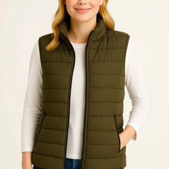 Şişme Fermuarlı Yelek Su itici Kapitone Astarlı Kumaş Cepli Hafif Kışlık Spor Rahat Kalıp - Haki