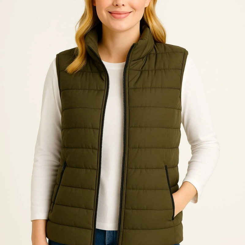 Şişme Fermuarlı Yelek Su itici Kapitone Astarlı Kumaş Cepli Hafif Kışlık Spor Rahat Kalıp - Haki