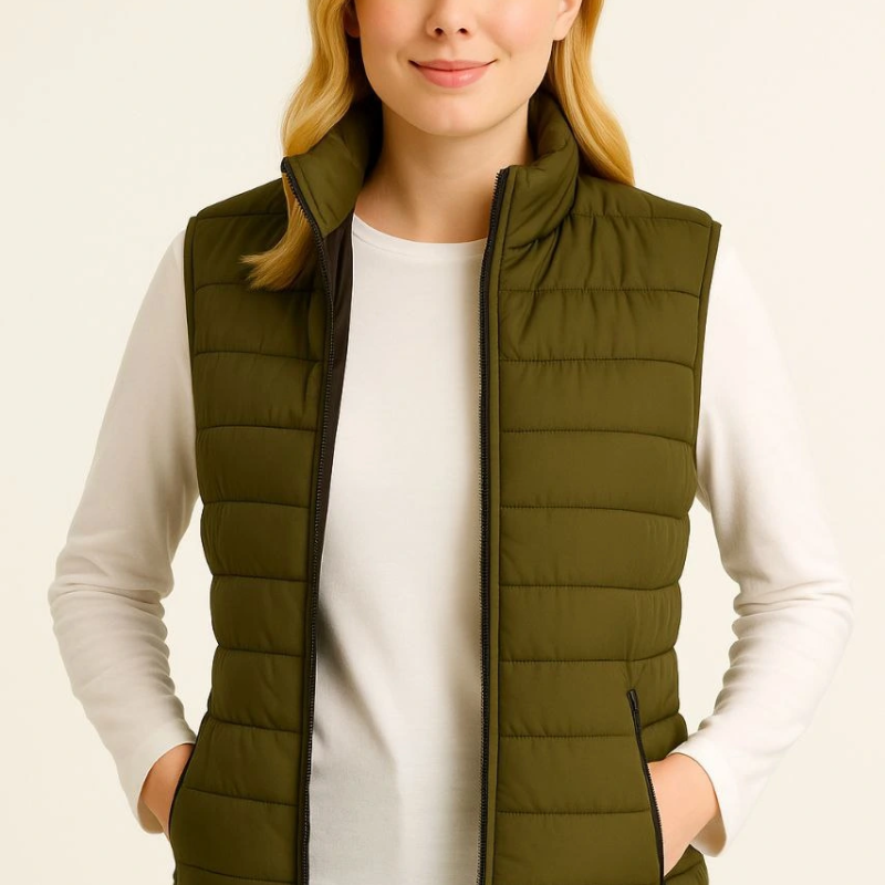 Şişme Fermuarlı Yelek Su itici Kapitone Astarlı Kumaş Cepli Hafif Kışlık Spor Rahat Kalıp - Haki