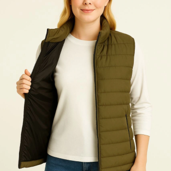 Şişme Fermuarlı Yelek Su itici Kapitone Astarlı Kumaş Cepli Hafif Kışlık Spor Rahat Kalıp - Haki