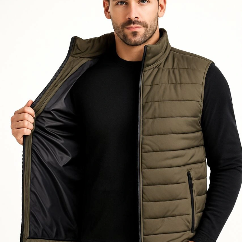 Şişme Fermuarlı Yelek Su itici Kapitone Astarlı Kumaş Cepli Hafif Kışlık Spor Rahat Kalıp - Haki