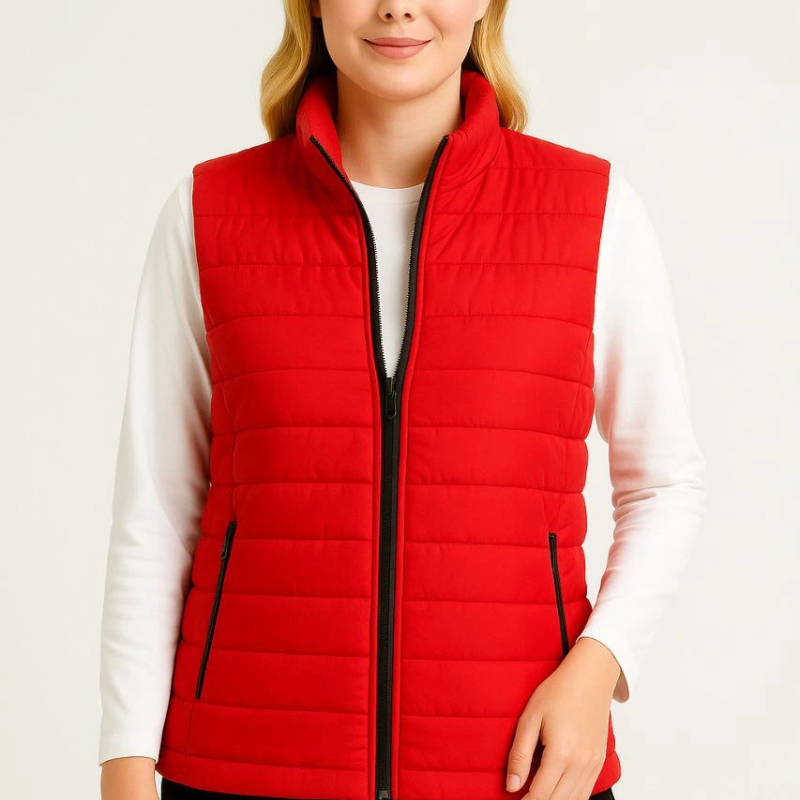 Şişme Fermuarlı Yelek Su itici Kapitone Astarlı Kumaş Cepli Hafif Kışlık Spor Rahat Kalıp - Kırmızı