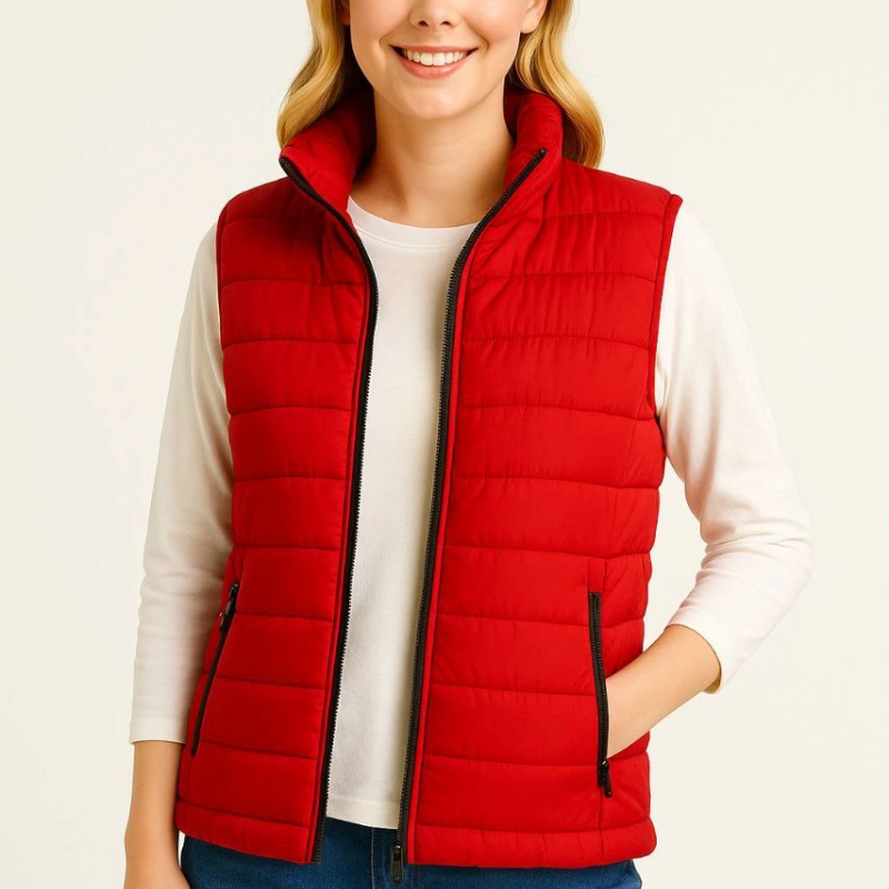 Şişme Fermuarlı Yelek Su itici Kapitone Astarlı Kumaş Cepli Hafif Kışlık Spor Rahat Kalıp - Kırmızı