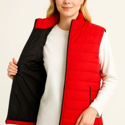 Şişme Fermuarlı Yelek Su itici Kapitone Astarlı Kumaş Cepli Hafif Kışlık Spor Rahat Kalıp - Kırmızı