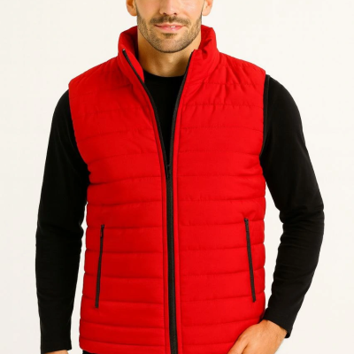 Şişme Fermuarlı Yelek Su itici Kapitone Astarlı Kumaş Cepli Hafif Kışlık Spor Rahat Kalıp - Kırmızı