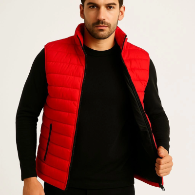 Şişme Fermuarlı Yelek Su itici Kapitone Astarlı Kumaş Cepli Hafif Kışlık Spor Rahat Kalıp - Kırmızı