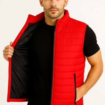 Şişme Fermuarlı Yelek Su itici Kapitone Astarlı Kumaş Cepli Hafif Kışlık Spor Rahat Kalıp - Kırmızı