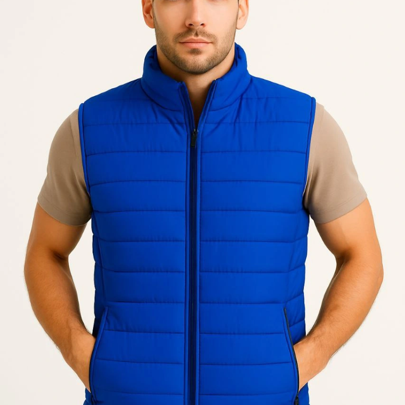 Şişme Fermuarlı Yelek Su itici Kapitone Astarlı Kumaş Cepli Hafif Kışlık Spor Rahat Kalıp - Saks Mavisi