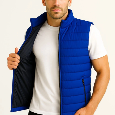 Şişme Fermuarlı Yelek Su itici Kapitone Astarlı Kumaş Cepli Hafif Kışlık Spor Rahat Kalıp - Saks Mavisi