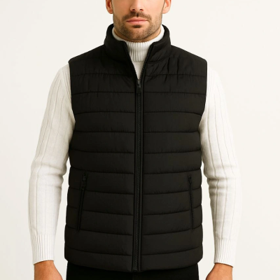 Şişme Fermuarlı Yelek Su itici Kapitone Astarlı Kumaş Cepli Hafif Kışlık Spor Rahat Kalıp - Siyah