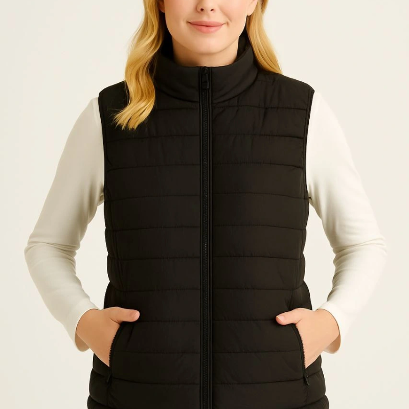 Şişme Fermuarlı Yelek Su itici Kapitone Astarlı Kumaş Cepli Hafif Kışlık Spor Rahat Kalıp - Siyah