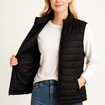 Şişme Fermuarlı Yelek Su itici Kapitone Astarlı Kumaş Cepli Hafif Kışlık Spor Rahat Kalıp - Siyah