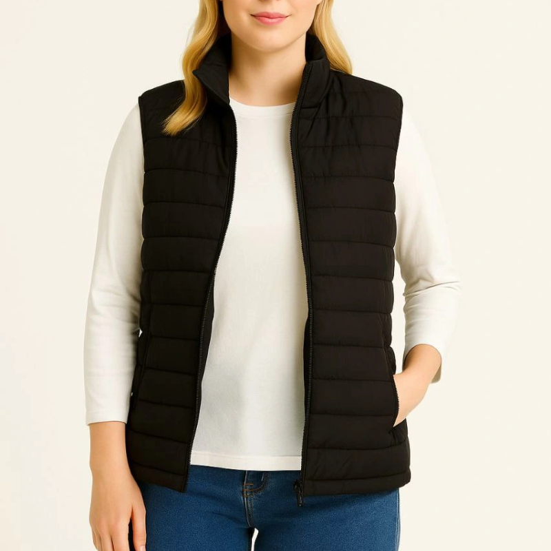 Şişme Fermuarlı Yelek Su itici Kapitone Astarlı Kumaş Cepli Hafif Kışlık Spor Rahat Kalıp - Siyah