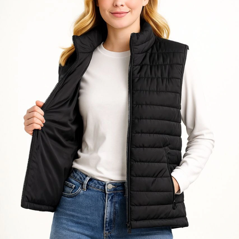 Şişme Fermuarlı Yelek Su itici Kapitone Astarlı Kumaş Cepli Hafif Kışlık Spor Rahat Kalıp - Siyah